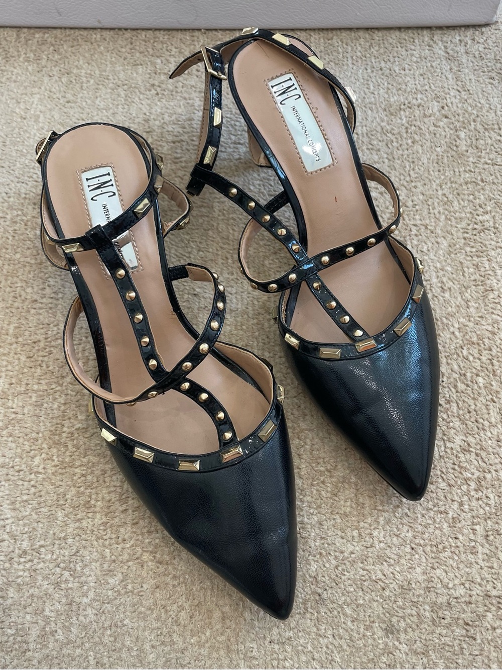 Inc International Concepts Black Studded T-Strap Pointed Heel Size 7.5